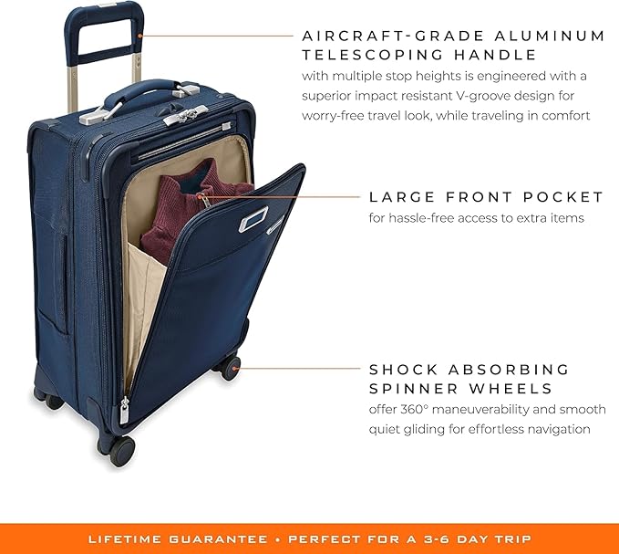 Briggs & Riley Essential 22" Carry On Expandable Spinner - Luggage for Travel, Suitcases with Wheels, Softside Rolling Bag for Men & Women, Self-Repairing Zipper - Baseline Collection, Navy
