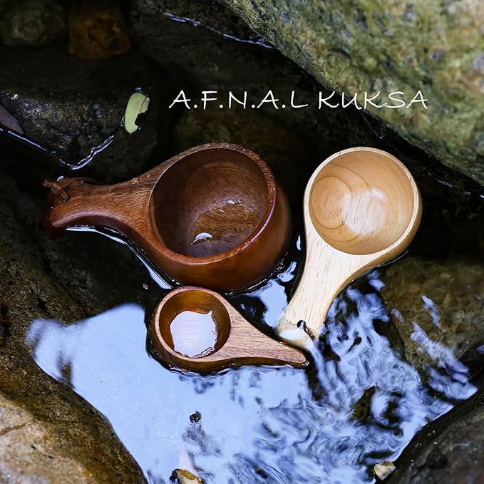 Kuksa Camping Mug Wooden Bushcraft Handcarved Cup, Nordic Style Coffee & Hiking Kuksa, Rubber Wood with Double Hole & Engraved Pattern, 7.1 oz., 6.3" x 3.8" x 2.6"