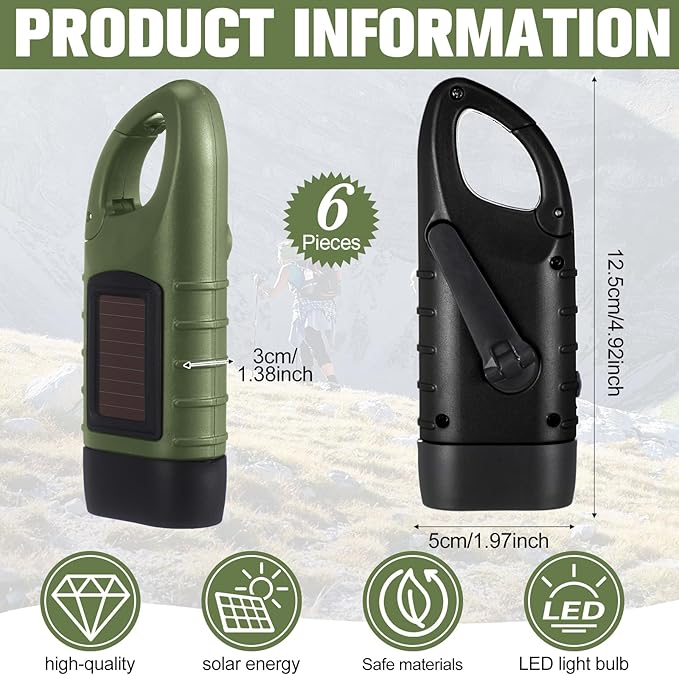Mudder 6 Pcs Hand Crank Solar Powered Flashlights Emergency Rechargeable LED Handheld Flashlights for Survival Gear Outdoor Sports Camping Hiking Backpack Safety(Green,Black)