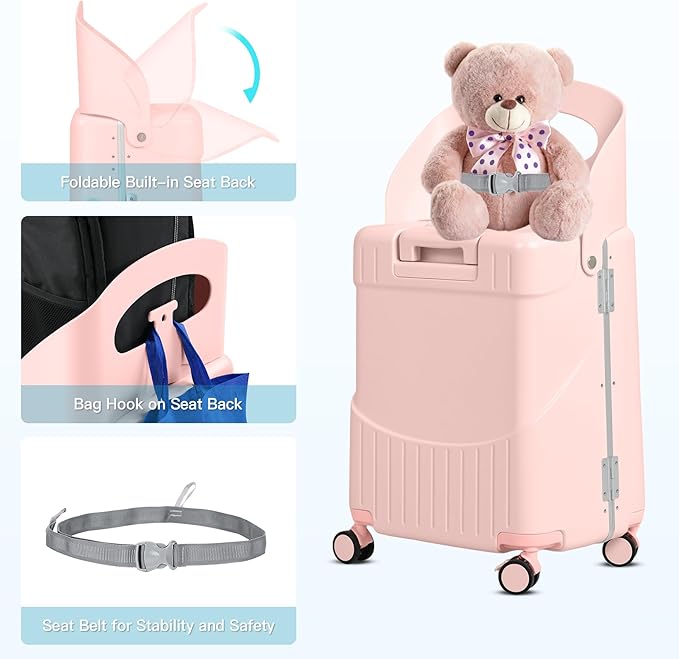 advwin 20" Carry-On Luggage with Seat for Kids & Adults, Lightweight Hardside Ride-On Suitcase with Front Opening, TSA Lock, 360° Spinner Wheels (Pink, 20-inch)