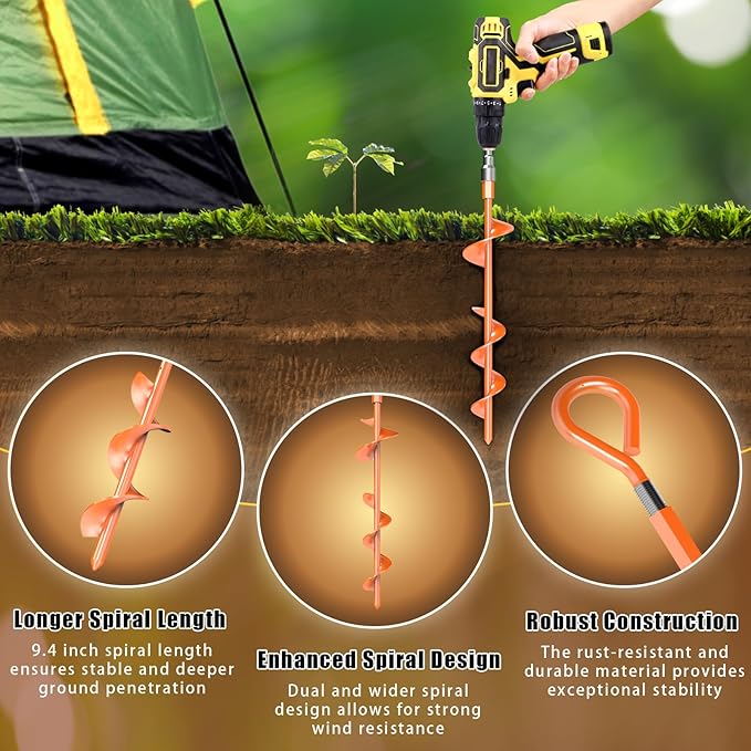 Eazy2hD 6 Pack Tent Stakes Heavy Duty, 15 Inch Ground Anchors Screw in, Metal High Winds Trampoline Stake with Nut and Tool, Spiral Anchor Kit for Camping, Shed, Swing Set, Canopy, Car Ports