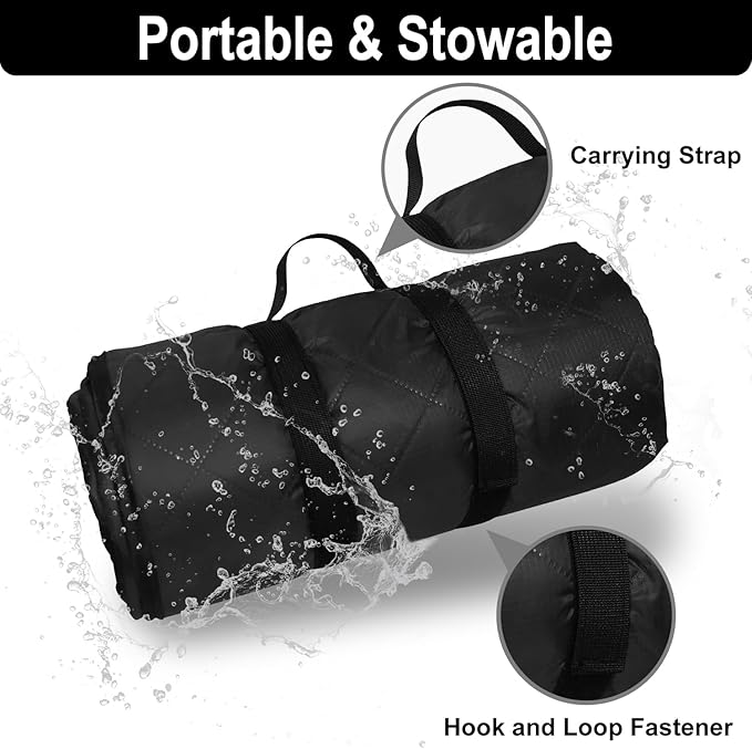 Waterproof Outdoor Blanket 82”X 55” Packable, Stadium Blankets for Camping with Sherpa Fleece Lining, Large Windproof Emergency Throw Mat for Garss Picnic Hiking Road Trip, Machine Washable, Black