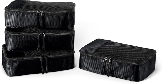 Amazon Essentials 4-Piece Packing Cubes Travel Accessories Set, Luggage Organizer with Double Zipper, Mesh Top, 100% Polyester, Small, Black (Previously Amazon Basics)