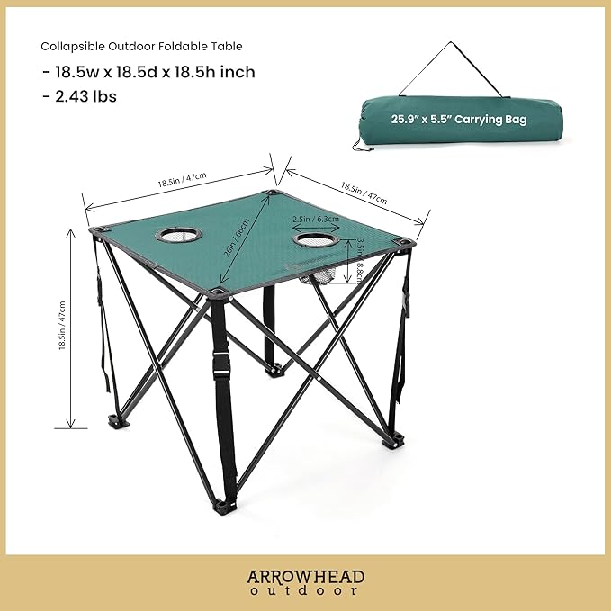ARROWHEAD OUTDOOR 26” (66cm) Portable Camping Folding Table, 2 Cup Holders, Square, Carrying Case, Steel Frame, High-Grade 600D Canvas