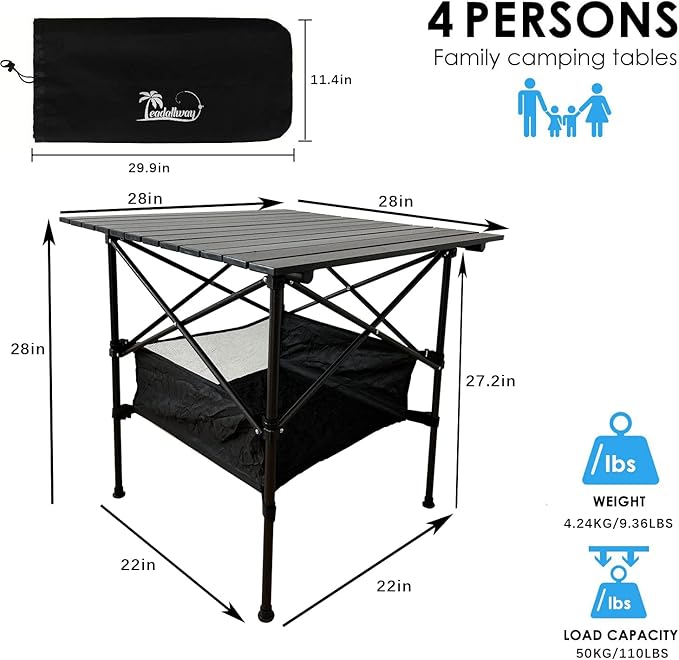 LEADALLWAY Folding Camping Table with Large Storage and Carrying Bags,28x28x28inchs