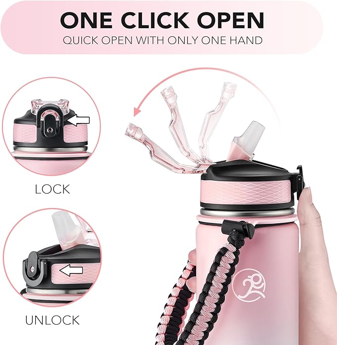 GOSWAG Insulated Sports Water Bottle, 24oz 2 Lids(with Straw/No Straw), Stainless Steel Water Bottles with Paracord Handle, Insulated Bottle with Double-Wall Vacuum Insulation