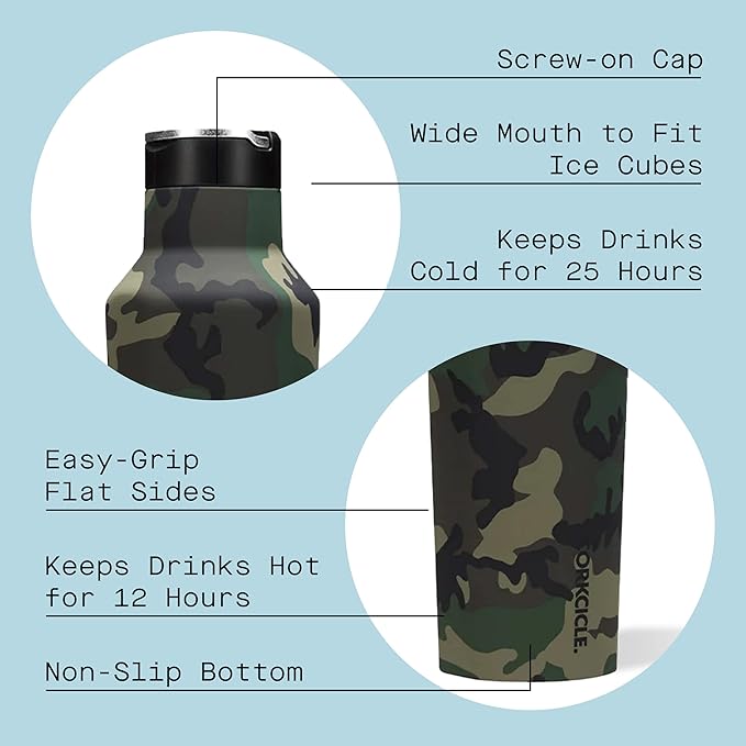 Corkcicle Classic Sport Canteen - Insulated Stainless Steel Water Bottle - Compact & Travel-Friendly - Durable - Dishwasher Safe - BPA Free - Non-Slip Silicone Base - 20 oz - Woodland Camo