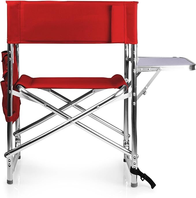 PICNIC TIME Sports Chair with Side Table, Outdoor Foldable Padded Adult Camping Chairs with Cup and Accessory Panel for Lawn, Beach, & Sports Use for Adults, up to 300-lbs Capacity, (Red)