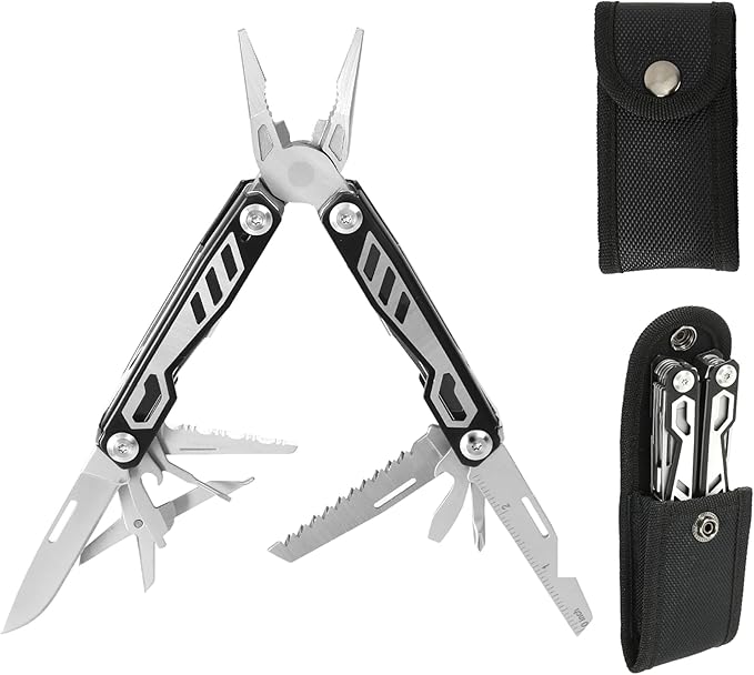 16-in-1 Compact Multitool, Full-Size, Multi Tool for DIY, High-Grip Black Handle - EDC/Hiking/Garden Essential/Outdoors