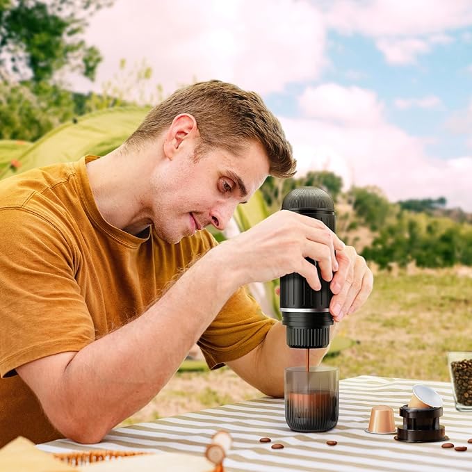 i Cafilas Rich Crema Portable Electric Espresso Coffee Maker, Fast self-heating 2 IN 1 Extraction System Espresso Machine,Support Ground Coffee and NS capsule, for Travel,Car,Hiking,Climbing（Black）