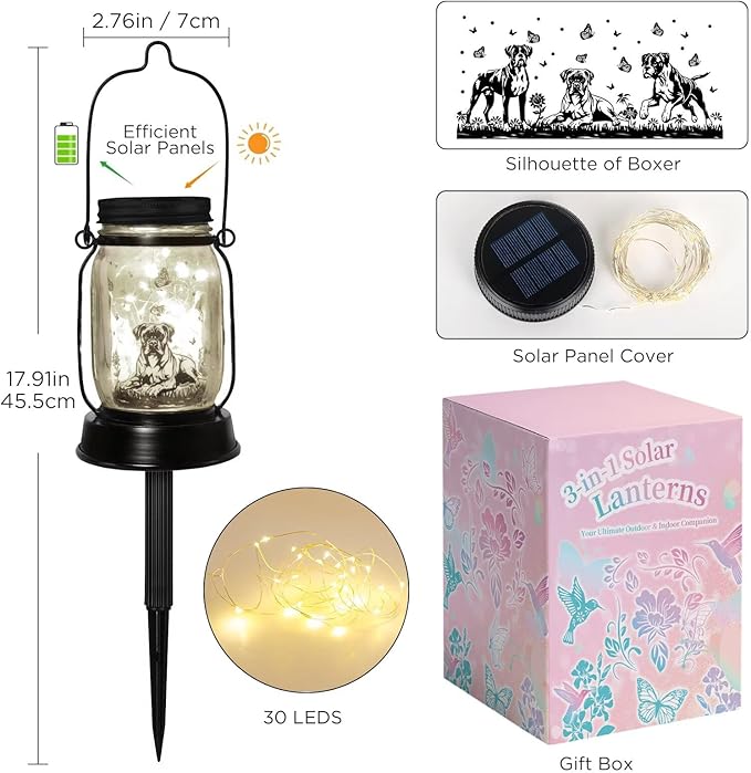 kyoryuger Boxer Dog Gifts for Women/Men Boxer Dog Lovers Solar Lantern Mom Birthday, Mothers Day, Solar Garden Decoration Outside for Yard, Patio,Backyard,Porch, Torches