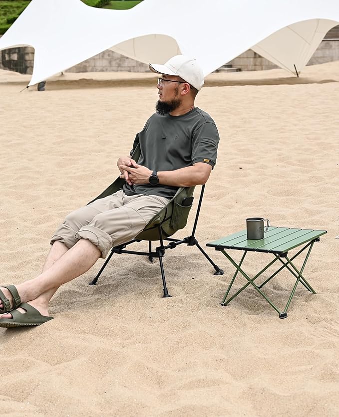 iClimb Ultralight Compact Camping Folding Beach Chair with Anti-Sinking Large Feet and Back Support Webbing (Green - Square Frame - 2PC)