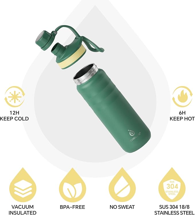IDEUS Insulated Stainless Steel Water Bottle with 2 Leak-Proof Lids, Thermal Water Flask for Hiking Biking, 24oz, Green