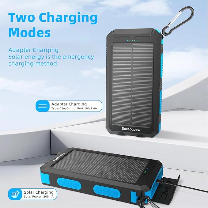 Solar Charger Power Bank 20,000mAh, Portable Charger, 4 Cables 3 Ports Fast Charging External Battery Pack with USB C for Cell Phones, Solar Panel Charger with Dual Flashlight for Camping