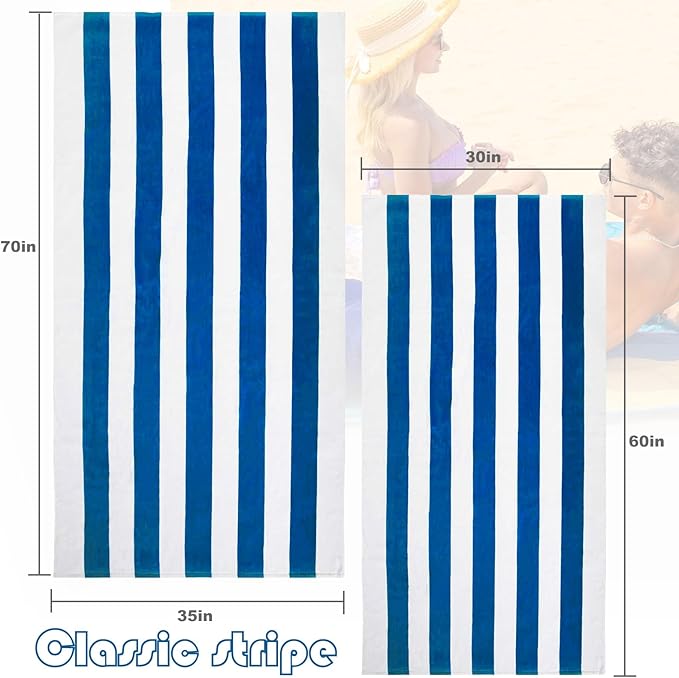 Exclusivo Mezcla 4 Pack Cotton Oversized 35x70 Inches Soft Cabana Stripe Thick Beach Towel, Super Absorbent Travel Bath Pool Towel (Ocean Blue)