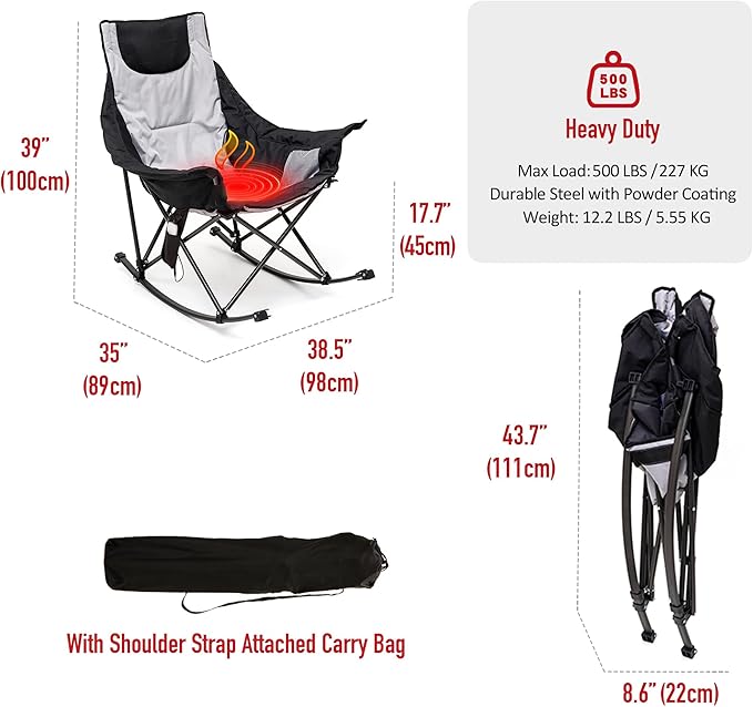 SUNNYFEEL Oversized Heated Camping Chair, Folding Rocking Camping Chairs with Luxury Padded Recliner,Carry Bag, 300 LBS Heavy Duty for Lawn/Outdoor/Picnic/Patio, Portable Rocker Camp Chair