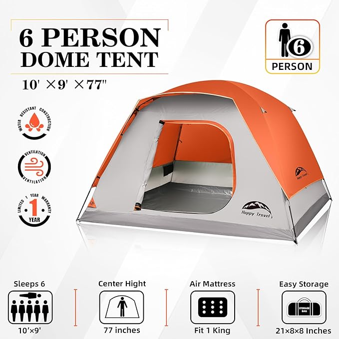 Happy Travel Camping Tent, 4/6 Person Dome Tents for Camping with Rainfly, Waterproof Clip Easy Setup Portable Family Tent with Mesh Windows, 20% More Headroom Backpacking Tents for Camping & Hiking