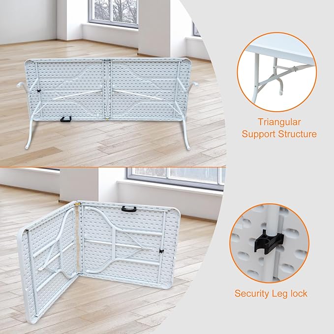 6 FT Folding Table with Carry Handle, Portable Fold-in-Half Plastic Table, Rectangle Foldable Table for Indoor/Outdoor White