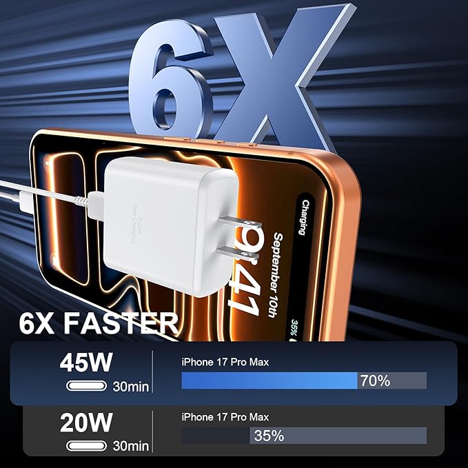 iPhone 17 16 Pro Max Charger Fast Charging, 45W USB C iPhone 17/16 Super Fast Charger Block with 10ft Long Type C Charging Cable Cord for iPhone 17 Pro Max/17 Pro/Air/17/16/16Pro/16ProMax/Plus/15/S25