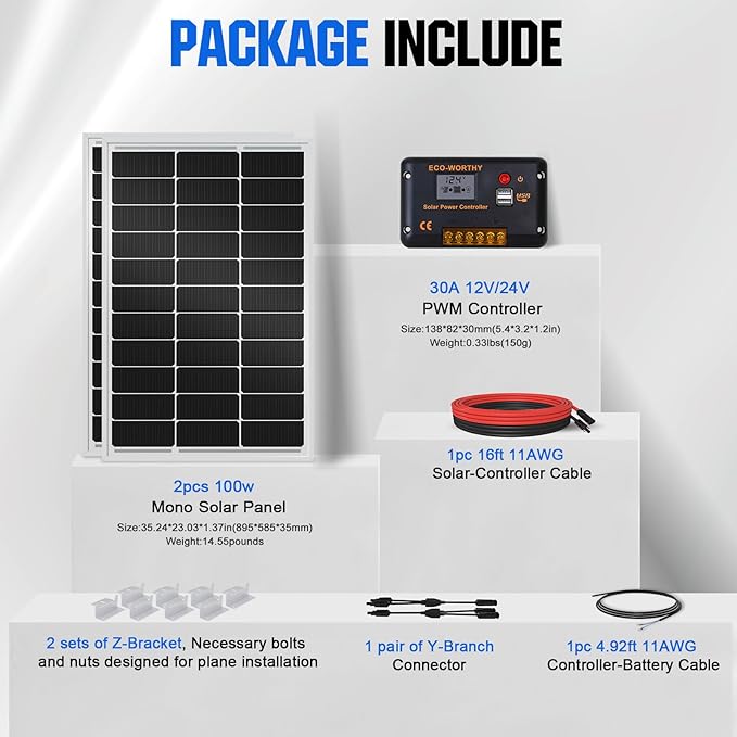 ECO-WORTHY 200 Watts 12 Volt/24 Volt Solar Panel Kit with High Efficiency Monocrystalline Solar Panel and 30A PWM Charge Controller for RV, Camper, Vehicle, Caravan and Other Off Grid Applications