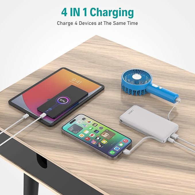 10000mAh Slim Power Bank with Built in Cable,Thin Lightweight Portable Phone Charger,4 Output USB C Travel Essentials External Battery Pack Clutch Charger for iPhone,Samsung,Android,Heated Vest,White