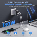130W USB C Wall Charger,GaN III 3-Port Fast Charging Station,PD QC Foldable Charger Block Portable 65W USB C Laptop Adapter for MacBook Pro/Air,iPad Pro,Galaxy S23,Dell XPS,iPhone 16
