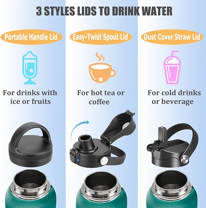 Water Bottle Insulated 32oz 40oz 64oz 128oz Straw Lid Spout Lid & 3 Lids, Leak Proof, Vacuum Insulated,Stainless Steel Water Bottle Wide Mouth for Sports, Gym or Office