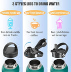 Water Bottle Insulated 32oz 40oz 64oz 128oz Straw Lid Spout Lid & 3 Lids, Leak Proof, Vacuum Insulated,Stainless Steel Water Bottle Wide Mouth for Sports, Gym or Office