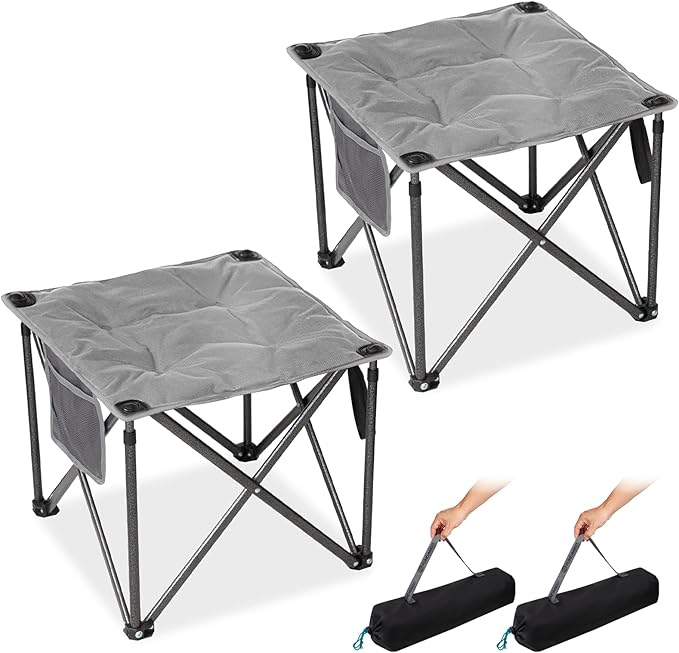 FUNDANGO Folding Camping Stool, 2 Pack 18.1 Inch Oversized Foot Rest 440 Lbs Heavy Duty Portable Padded Stools Seat Anti-Slip Foots & Carry Strap for Fishing Outdoor Lawn Travel (Grey)