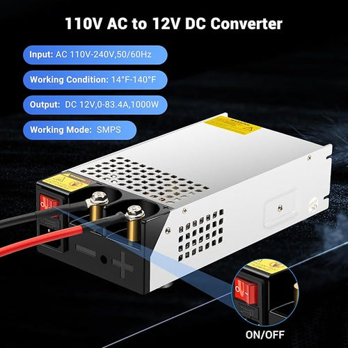 1000W Converter, 110V AC to 12V DC Converter Power SupplyMax Current 83A DC Switch Transformer for RV,Pump,LED Strip, LCD Monitor