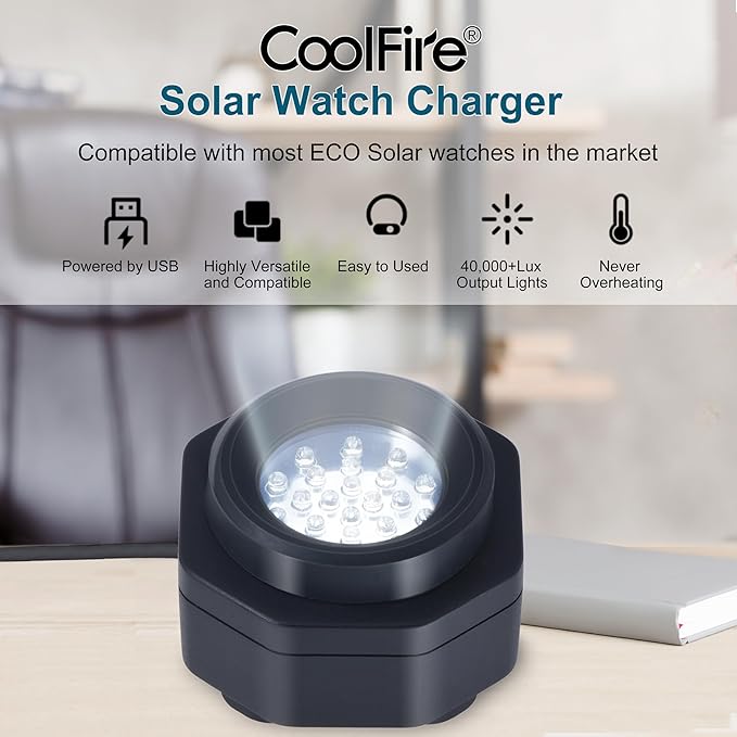 CoolFire (The Original) - USB-C UV Free Solar Watch Fast Charger for All Eco Solar Watches. Safe 24/7 Charging (No 8H Timer Needed). Reloj Hombre Portable Charger. BK