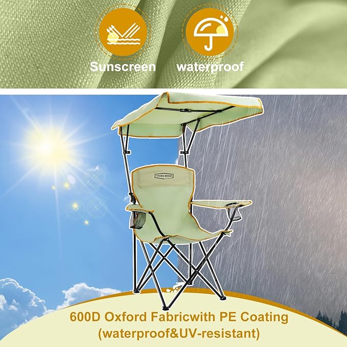 YOUNG WOOD Portable Camping Chair Beach Chair with Shade Canopy, Fold Lightweight Oversized for All, Easy to Open and Close Without Installation, Side Pocket Design for All Outdoor Activities，Green