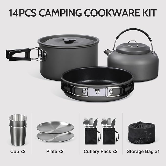 REDCAMP 6/10/11/12/14/15/19 PCS Camping Cookware Mess Kit Camping Gear Campfire Utensils Lightweight Stackable Pot Pan Bowls Soup Spoon with Storage Bag for Camping, Backpacking, Outdoor Cooking