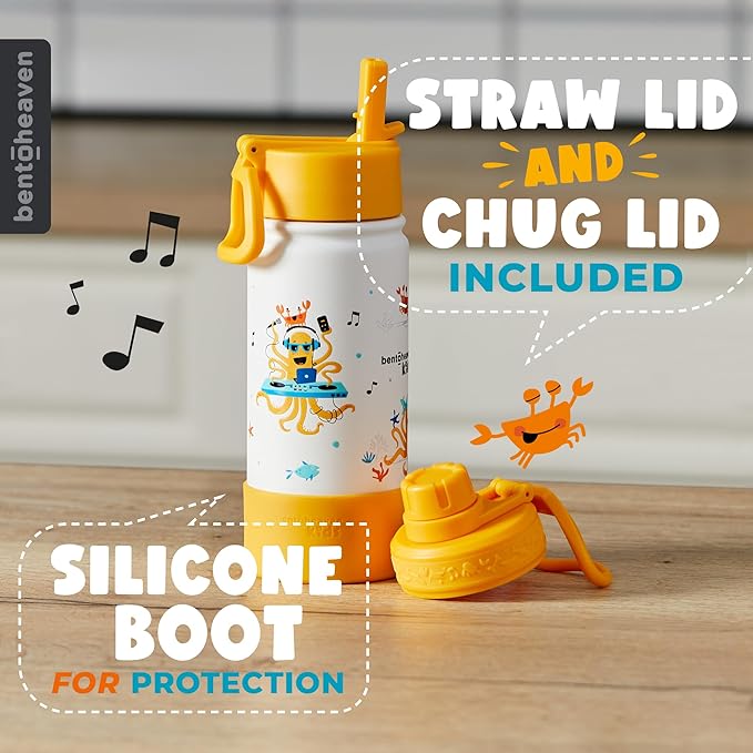 Bentoheaven Kids Water Bottle Stainless Steel for Boys & Girls, 2 Lids (Chug & Straw), Handle & Silicone Boot, Reusable Metal Leak-proof Insulated Tumbler, School & Sports 17oz (Orange)