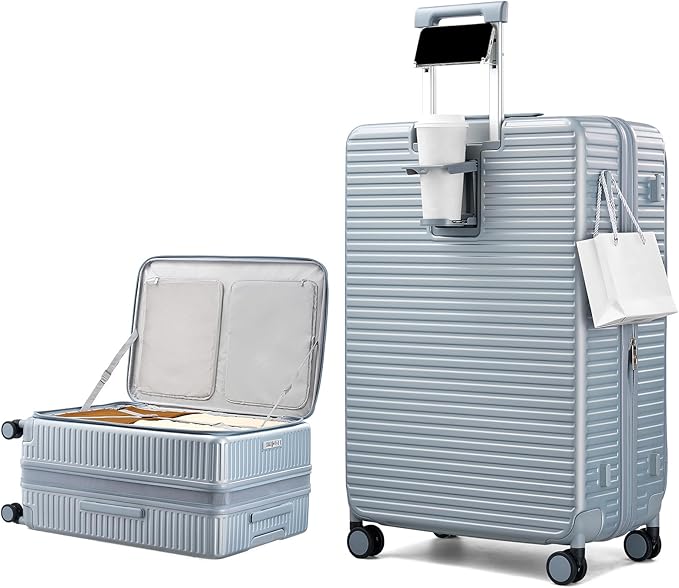 Hard Shell Suitcases 28 Inch Large Checked Luggage with Spinner Wheels Cup Holder, Expandable Check in Luggage Lightweight Top Opening Luggage Big Rolling Suitcase with Lock, Silver