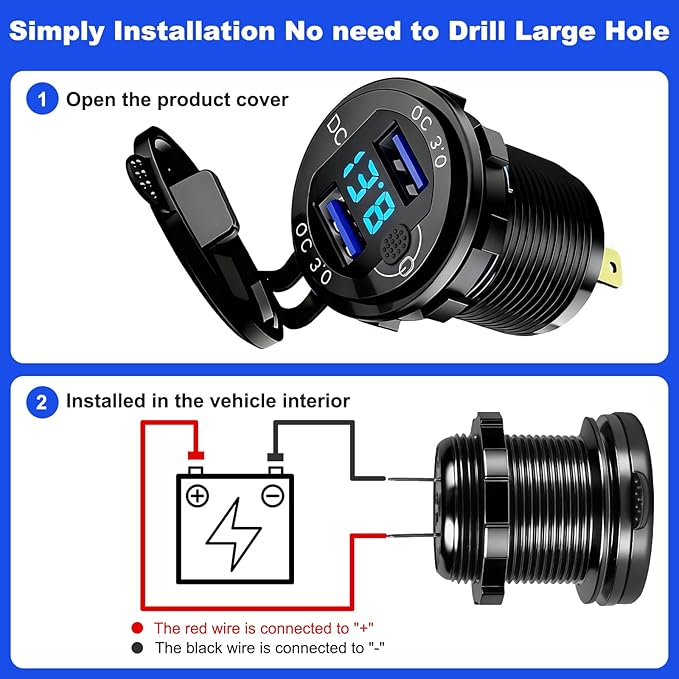 12V Flush Mount Car Charger, Aluminum Metal Body with LED Voltmeter and Switch, Dual QC3.0 USB Port for Marine, RV, Motorcycle & Panel Mounting (Blue)