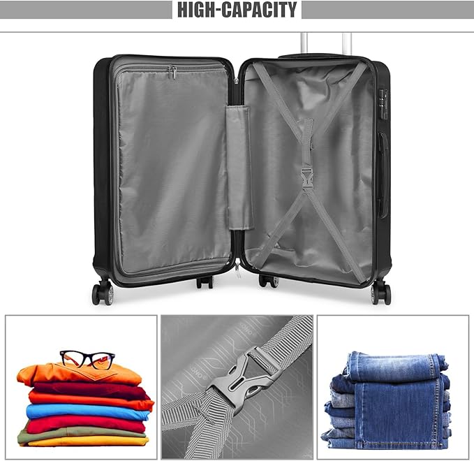 Kono 20'' Carry on Luggage Lightweight with Spinner Wheel TSA Lock Hardside Luggage Durable Small Carry on Suitcase Black