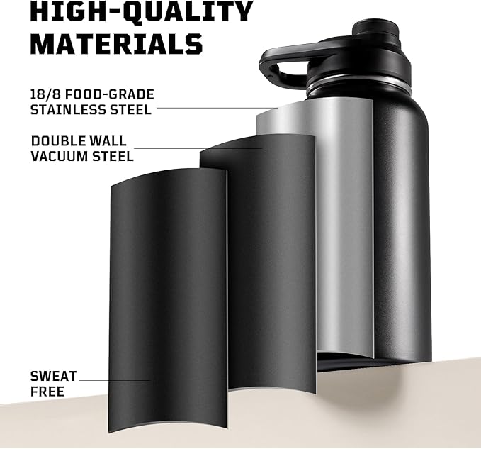 ONETIGRIS 32 oz Insulated Water Bottle with Straw - Tactical Stainless Steel Water Jug, Leakproof Wide Mouth Sport bottle with 3 Lids and Sleeve for Travel, Gym, Camping, Hiking