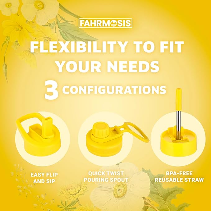 40 Oz Water Bottle with Strap Stainless Steel Sports Water Bottle with 3 Lids (Straw, Chug and Flip Lid) Insulated Leak Proof Metal Jug for Men & Women - Yellow