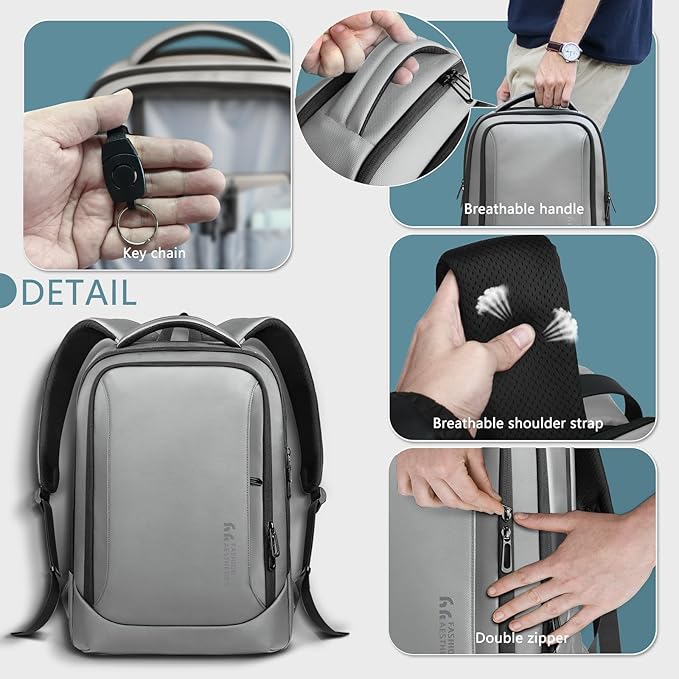 hk Laptop Backpack for Men with USB Charging Port Water-Resistant for 15.6 Inch Computer Bag Durable High-Tech Daypack Casual Backpack for Business Work College Weekender Travel- Grey