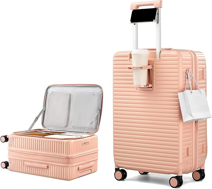 Hard Shell Suitcases 24 Inch Check in Luggage with Spinner Wheels Cup Holder, Lightweight Top Opening Expandable Luggage Hard Case Rolling Medium Checked Suitcase with Lock, Pink