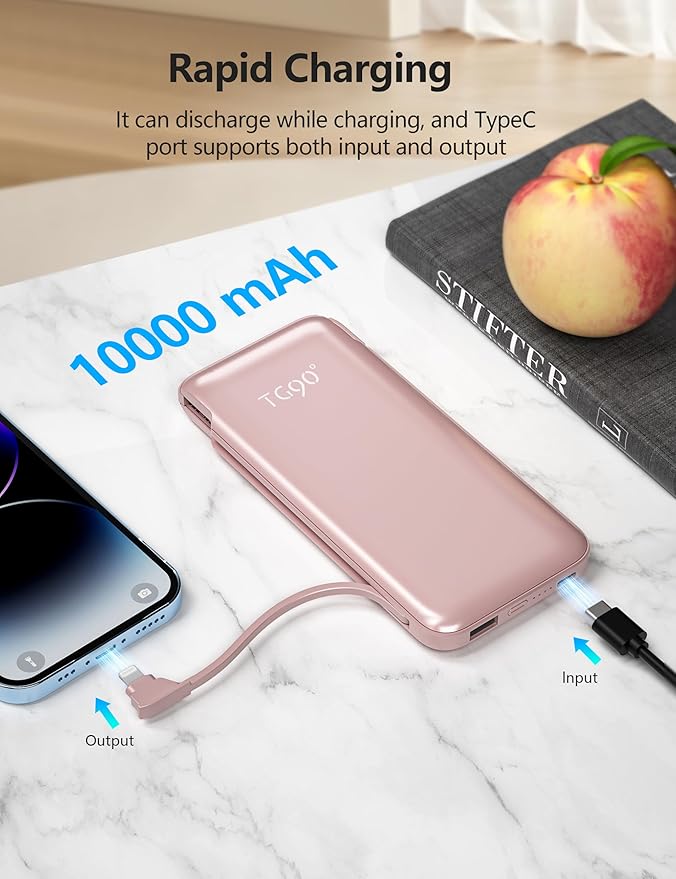 2-Pack 10000mAh Phone Portable Charger Power Bank, Built in 2 Cables and AC Wall Plug, Fast Slim USB C Charging Battery Pack Power Bank Compatible with iPhone, Android, White & Pink