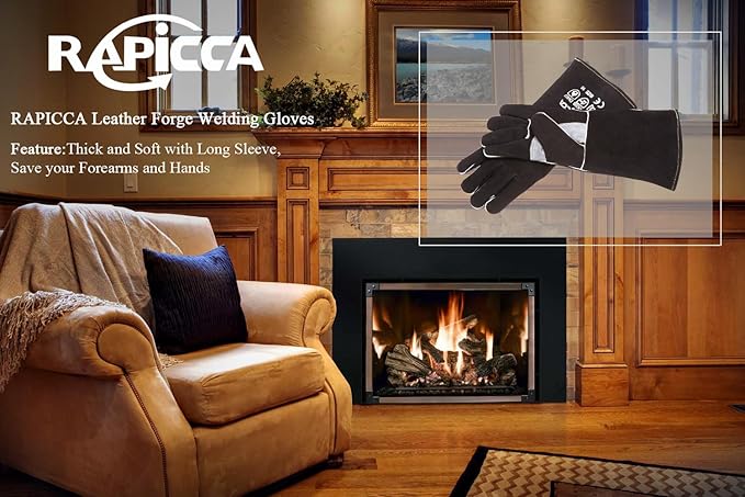 RAPICCA Welding Gloves Fire Heat Resistant: Black 16IN - Fireproof Leather For Stick Mig Flux-Core Welder Forge Blacksmith Fireplace Wood Stove Fire Pit Furnace Handling Dry ice - One Size 662℉