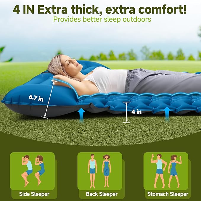 Inflating Sleeping Pad Mattress for Camping: Inflatable Camping Bed with Built-in Foot Pump for Tent - 4" Extra Thick Mat Air Cot for Floor - 2 Person Blue