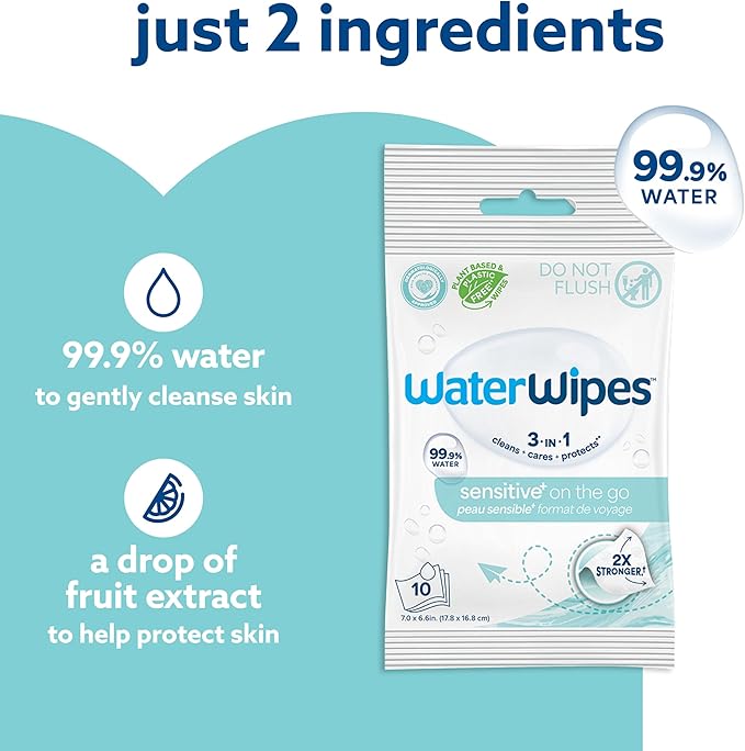 WaterWipes Sensitive+ On The Go Wipes, 3-In-1 Cleans, Cares, Protects, 99.9% Water, Unscented & Hypoallergenic Wet Wipes, 100 Count (10 Packs)