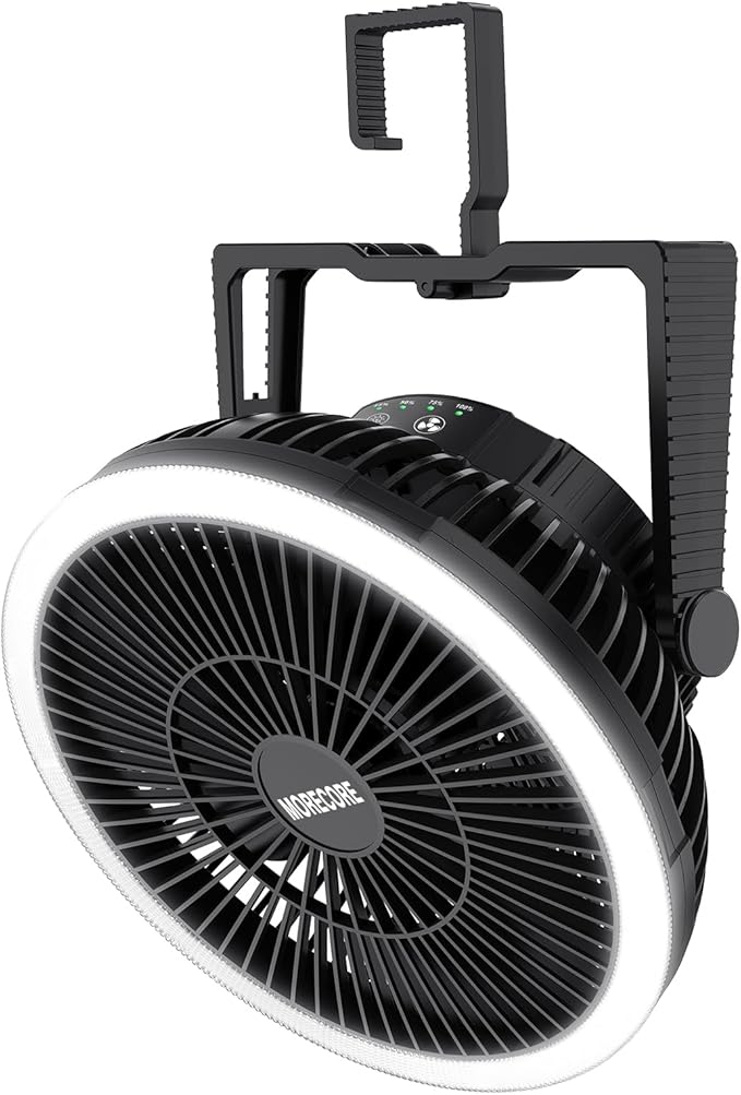 MORECORE Portable Camping Fan with LED Lantern, 24HRS Running 8inch Rechargeable Tent Fan, Powerful 3-Speed 180° Rotate with Hook, Quiet for Outdoor RV Travel Fishing Hurricane Emergency Power Outage