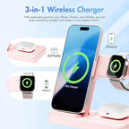 Wireless Charging Station for Apple Devices: 3 in 1 Foldable Qi Compact Case-Friendly Charger Stand for iPhone 17-12 & Apple Watch & AirPods Charging Dock for Travel Home Office Desk Nightstand (Pink)