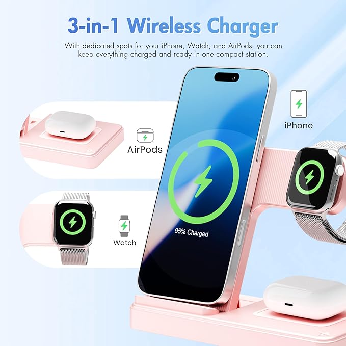 Wireless Charging Station for Apple Devices: 3 in 1 Foldable Qi Compact Case-Friendly Charger Stand for iPhone 17-12 & Apple Watch & AirPods Charging Dock for Travel Home Office Desk Nightstand (Pink)