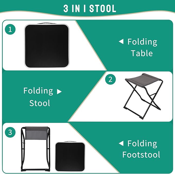 SUNNYFEEL 3 in 1 Folding Camping Table and Stool, Footrest, Lightweight Up to 300 LBS, Easy to Carry, Portable Camp Stool for Beach, Fishing, Trip, Picnic, Lawn, Concert Outdoor