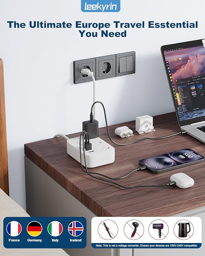 European Travel Plug Adapter, US to UK Europe Power Strip for EU/UK/US with USB C, 3 USB Ports 3 AC Outlets, 3ft Extension Cord, International Travel Power Strip, Type C for Europe EU Germany France